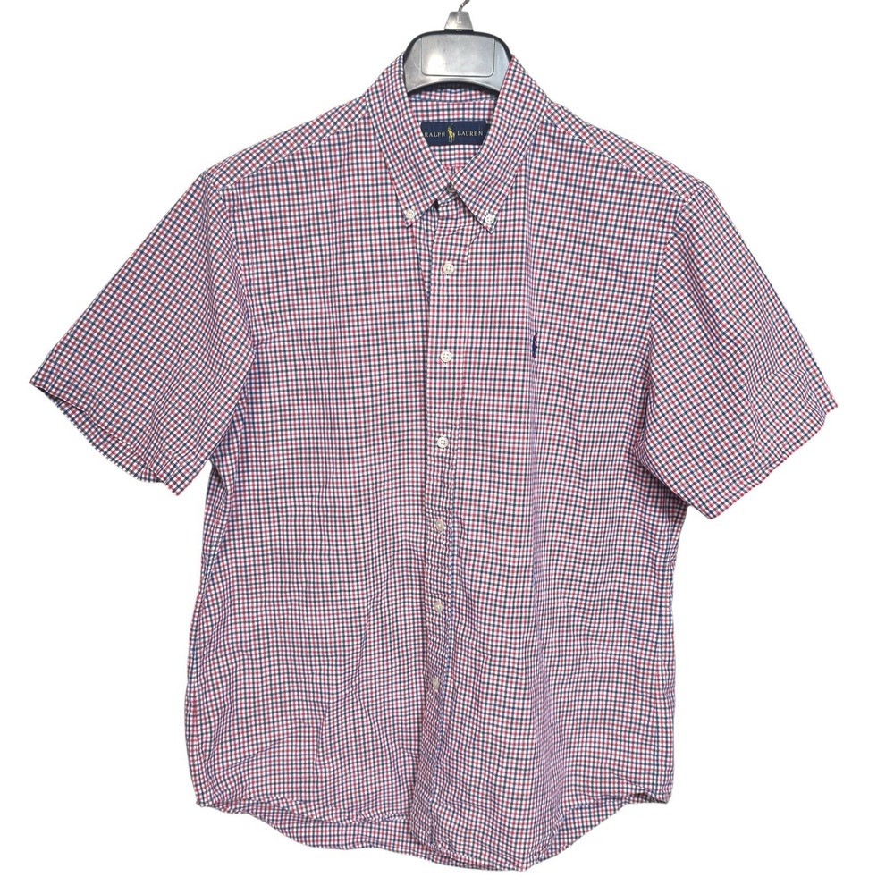 Polo Ralph Lauren Men Short Sleeve Button Up Shirt Size L Red Blue White Gingham